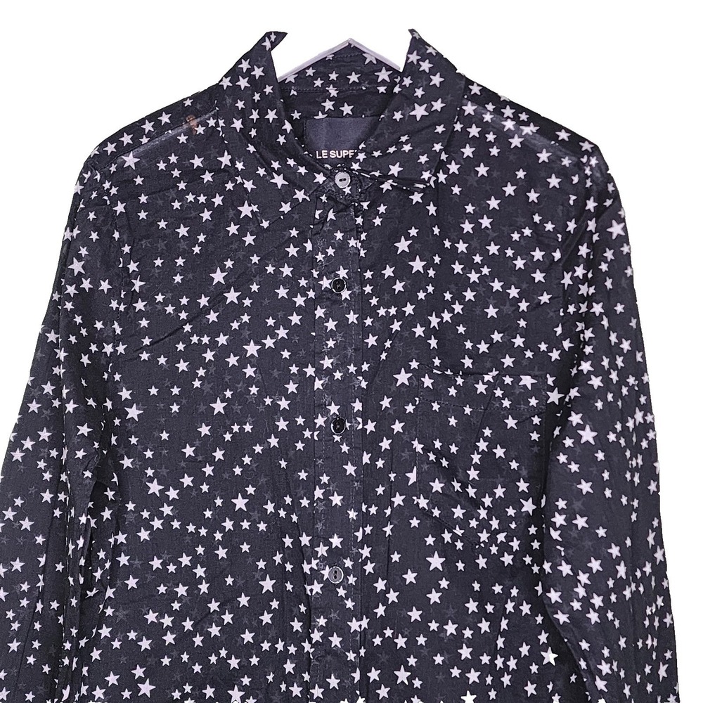 Le Superbe Cotton Sheer Button Up Shirt Whimsigoth Celestial Black White Stars 4